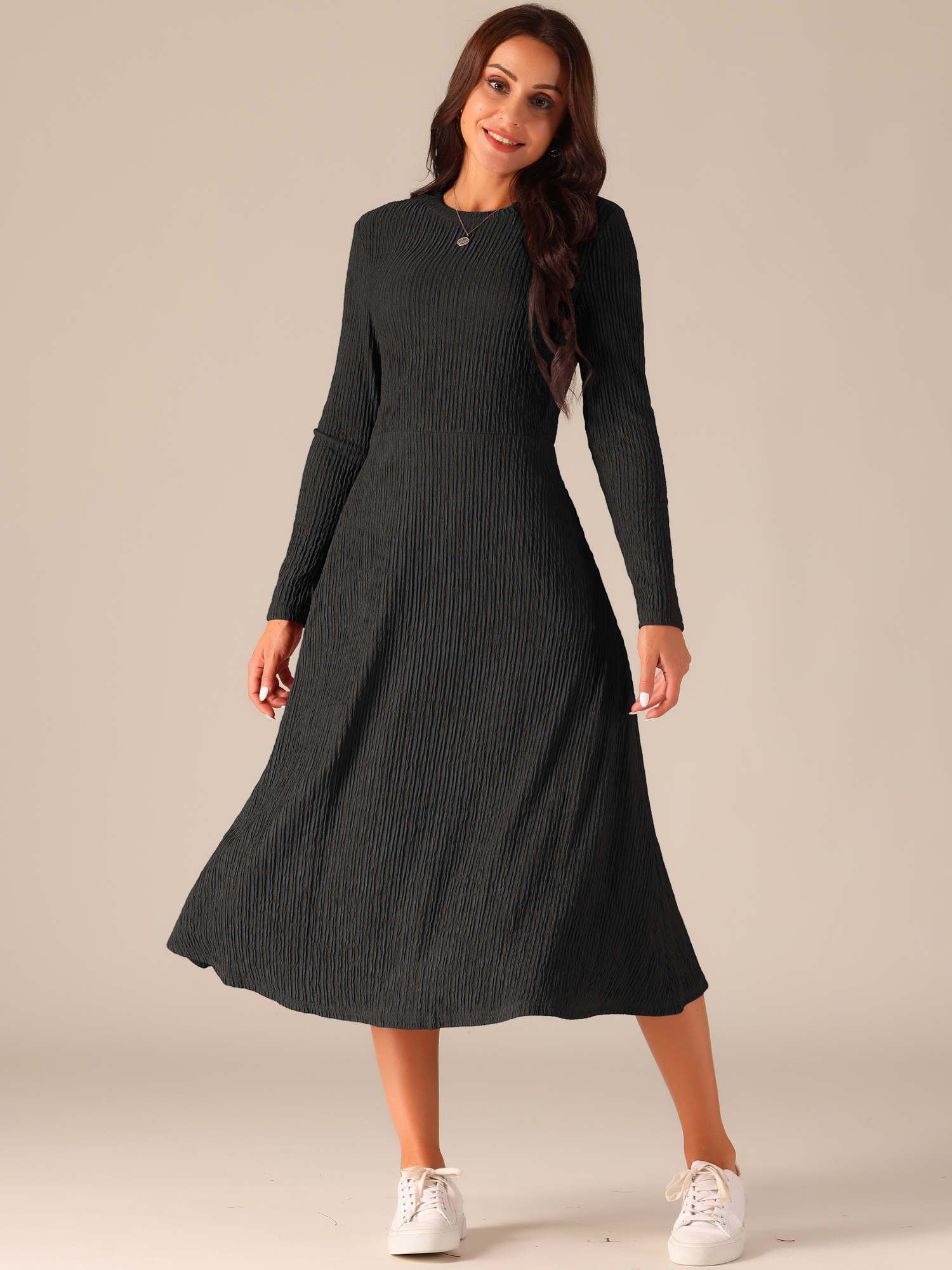 DARING DIVA Long Sleeve Crew Neck Knit A-Line Midi Dress XL Black