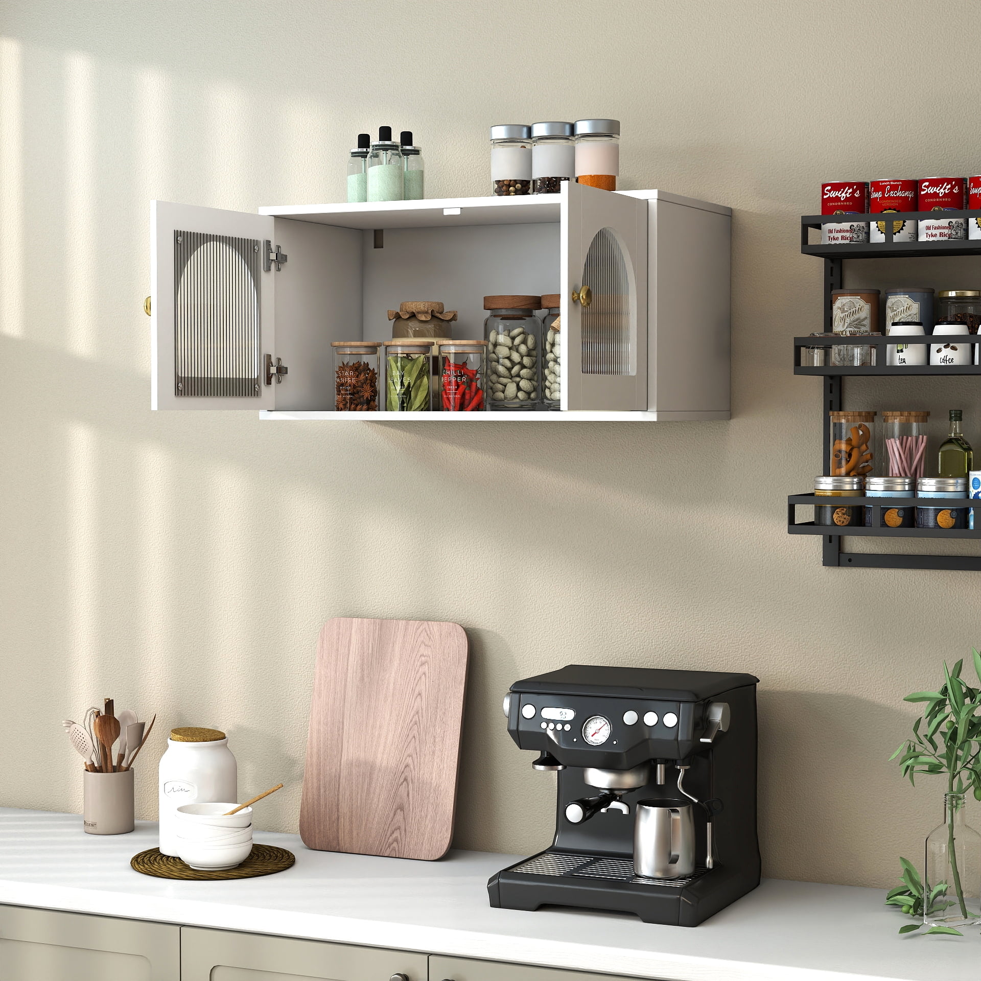 Wall Mounted Cabinet Glass Door Floating Storage Cabinet for Kitchen Bathroom Living Room, White