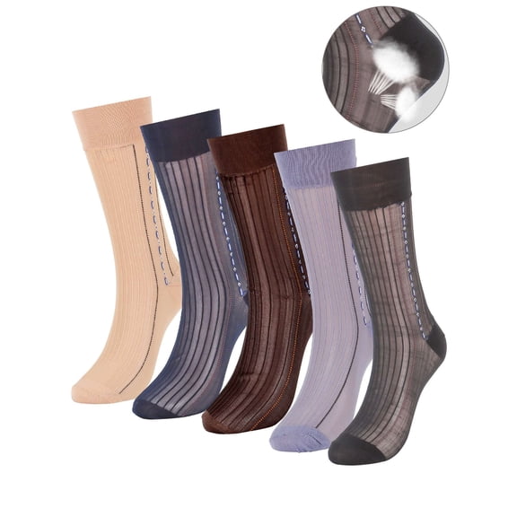 Gustave 5 Pairs Mens Sheer Silk Socks Ultra-Thin Breathable Business Dress Socks Summer Dry Fit Striped Crew Socks "Black & & Gray & Coffee & Navy & Khaki"