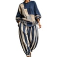 thumbnail image 2 of Kttectoa 2 Piece Sets for Women Crew Neck Long Sleeve Patchwork Top and Striped Drop Crotch Pants Set Oversized Loose Drawstring Elastic Waist with Pockets Casual Boho Fall, 2 of 5