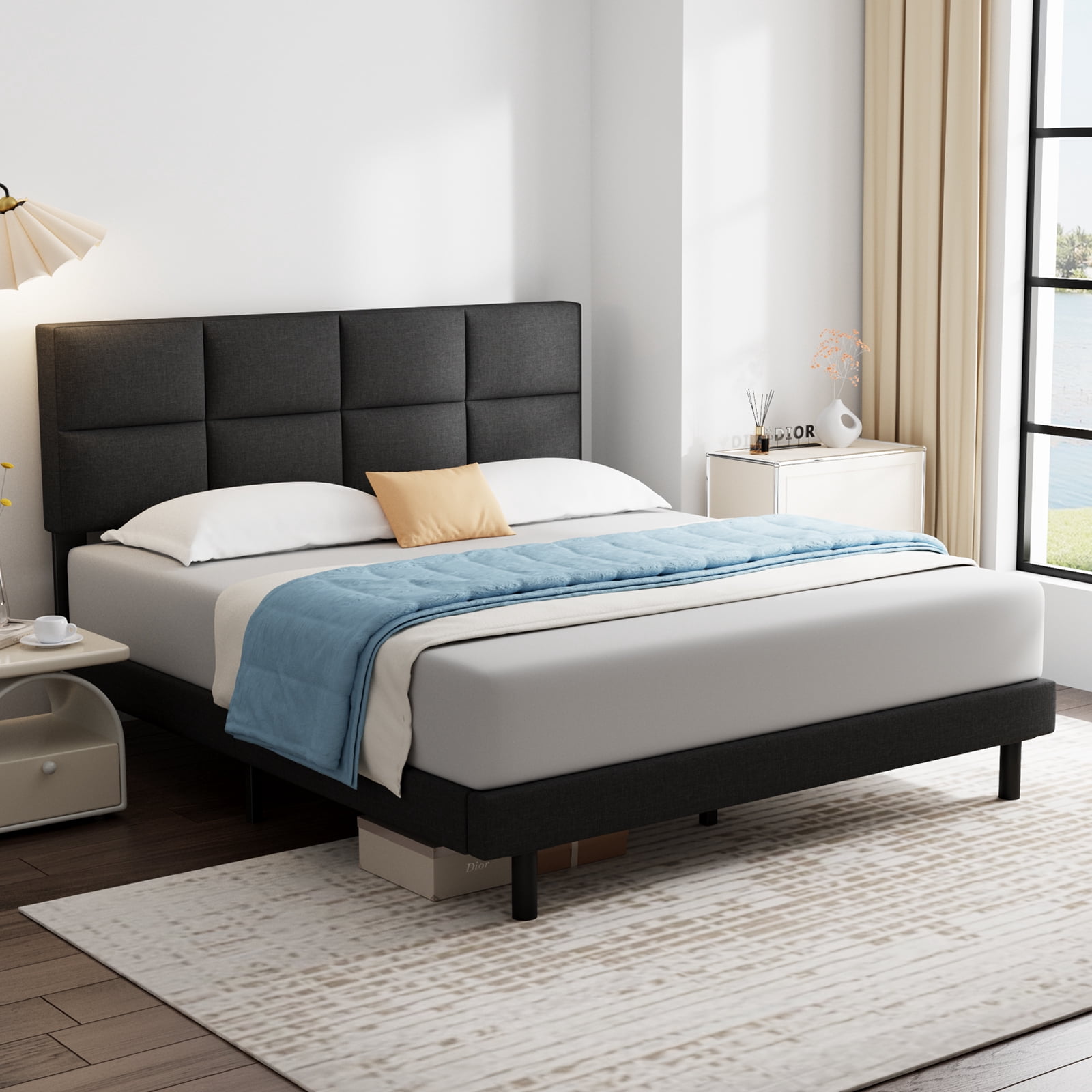 Queen Bed Frame, GELBIY Queen Bed Fabric Upholstered Headboard, Black, Sturdy Bed, Metal Furniture