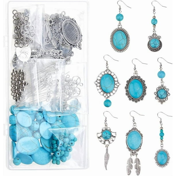 Kit para hacer aretes de cuentas turquesas (1 caja), 12 pares de aretes colgantes, colgante de aleación, dijes de hojas, cuentas turquesas, alfileres de ojo, ganchos para aretes.