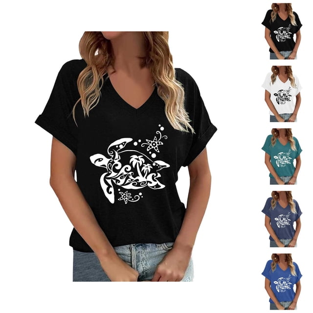 T-shirts Tortue de Mer pour Femmes 2026 Été Décontracté Manches Courtes Col en V T-Shirts Graphiques Nature Hauts Boho