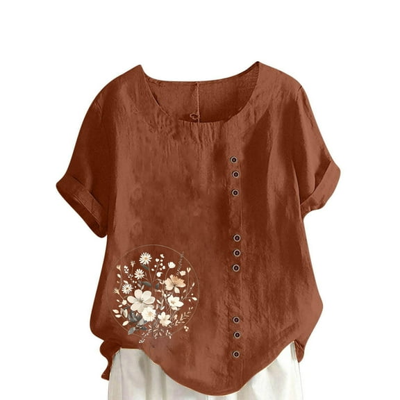 Cmfcve Women's Cotton Linen Tee Shirt Short Sleeve Round Neck Gauze Tops Oversize Henley Button Blouse