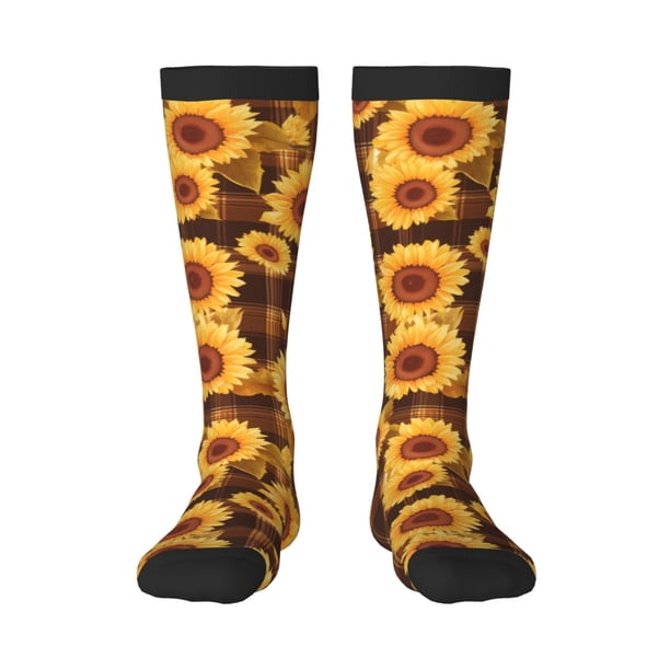 Balery Vintage Brown Plaid Sunflower Calcetines novedosos Calcetines deportivos Calcetines hasta la rodilla Calcetines de algodón Calcetines originales y geniales