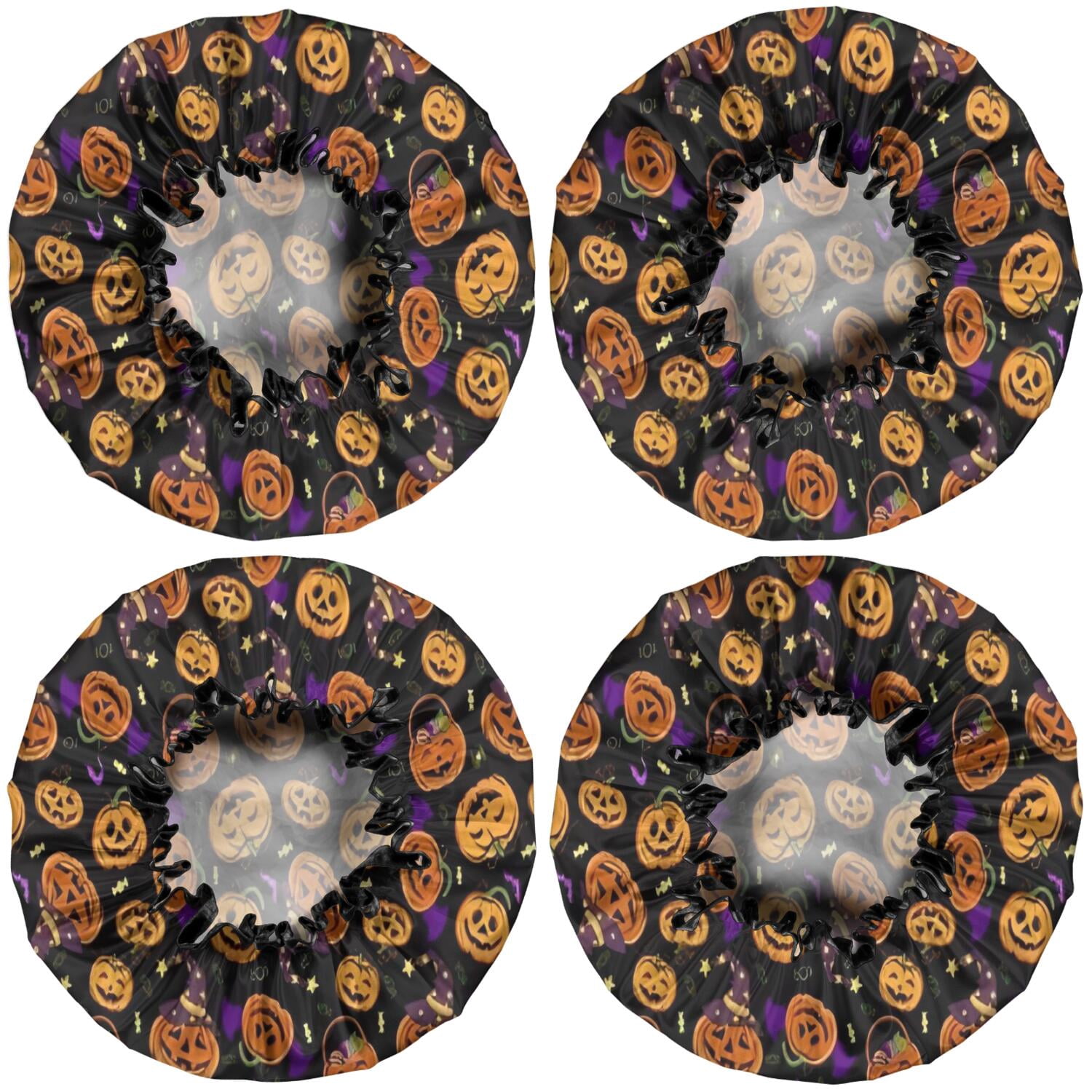 Shower Caps,Halloween Pumpkins with Witch Hats Waterproof Shower Cap for Women 4 Pieces,Double Reusable Hair Cover for Shower PEVA Elastic Stretch Hem