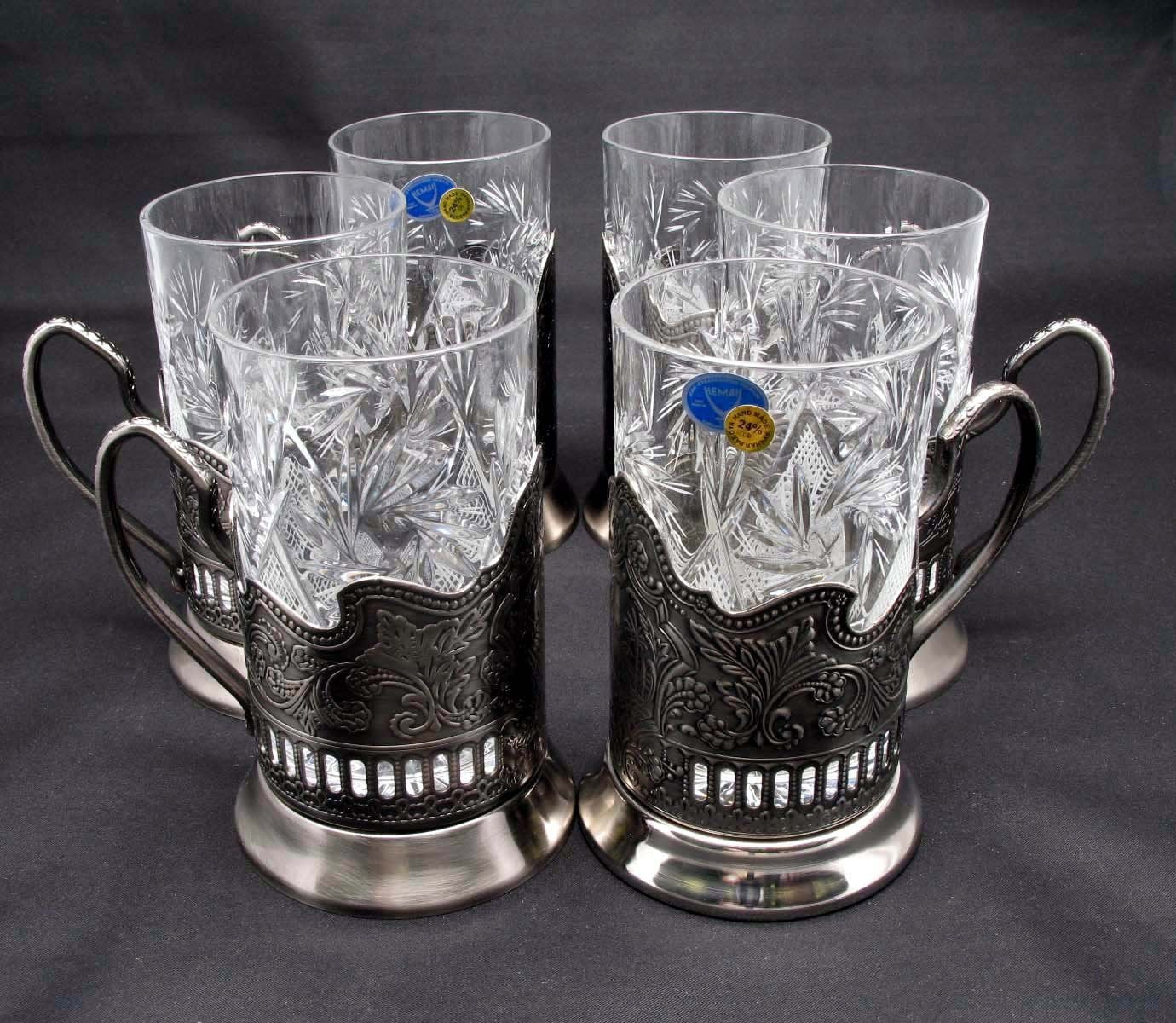3 Russian CUT Crystal HOT TEA Glasses for Metal Glass Holder Podstakannik 