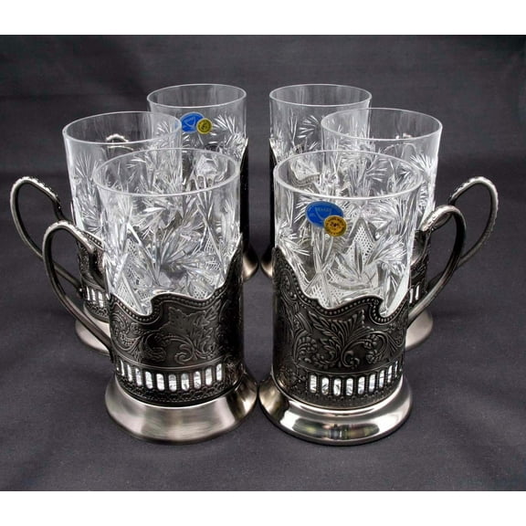 Combination 6 Cut Crystal Drinking Tea Glasses W/metal Glass Holders "Podstakannik" for Hot or Cold Liquids