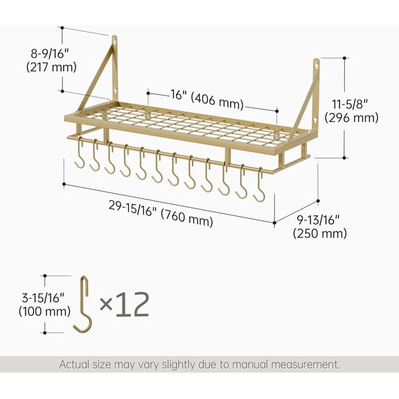 30-Inch Gold Pot Rack, Wall Mounted Hanging Pot and Pan Organizer with 12 Sturdy Hooks, Elegant Modern Kitchen Wall Hanger Shelves
