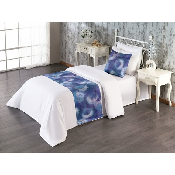 Moon Print Bed Runner Set, Crescent and Bohemian Curlicue in Watercolor Design Pattern, Decorative Bedding Scarf & a Pillow Sham for Hotels Homes, Twin, Dark Violet and Pale Sky Blue, by Ambesonne