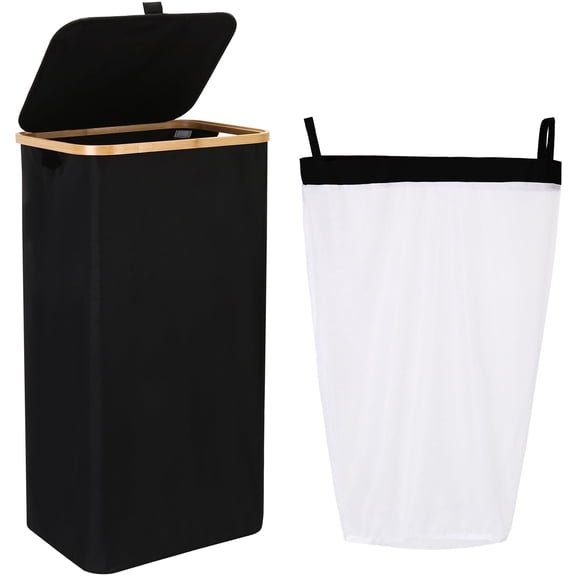 Sea Team 90L Extra Large Capacity Laundry Hamper with Lid, Removable Bag & Bamboo Handles, Foldable Dirty Clothes Bin for Family, Laundry Room, Bedroom & Closet, Black