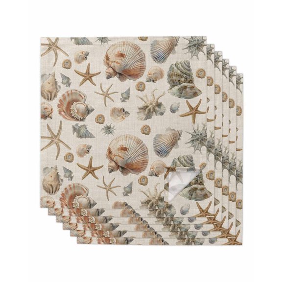 nqOlkjepod Seashell Coastal Cloth Napkins Set of 6 Reusable Dinner Napkins, Summer Beach Ocean Starfish Burlap Cocktail Napkin Washable Table Napkins for Wedding/Holiday Party/Baby Shower 20"x20"