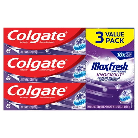Colgate Max Fresh Knockout Toothpaste, Whitening Toothpaste with Mini Breath Strips, Mint Fusion, 3 Pack, 6.3 Oz Tubes