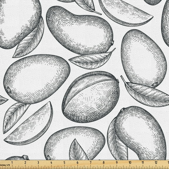 Ambesonne Grey Fabric by the Yard Upholstery, Hand-Drawn Mangos Repetitive, 5 Yards, Dark Taupe and White