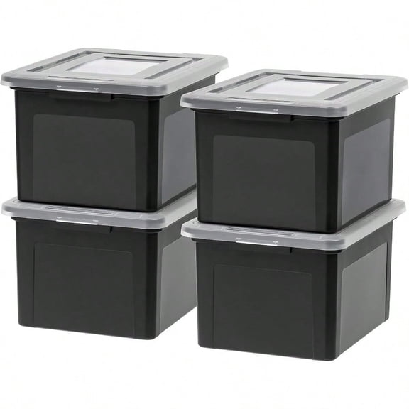 File Box Plastic File Organizer with Lids for Letter/Legal File Portable Document Box For Moving Storage Bin with Durable and Secure Lid Stackable Nestable Black 35 Qt. 4 Pack