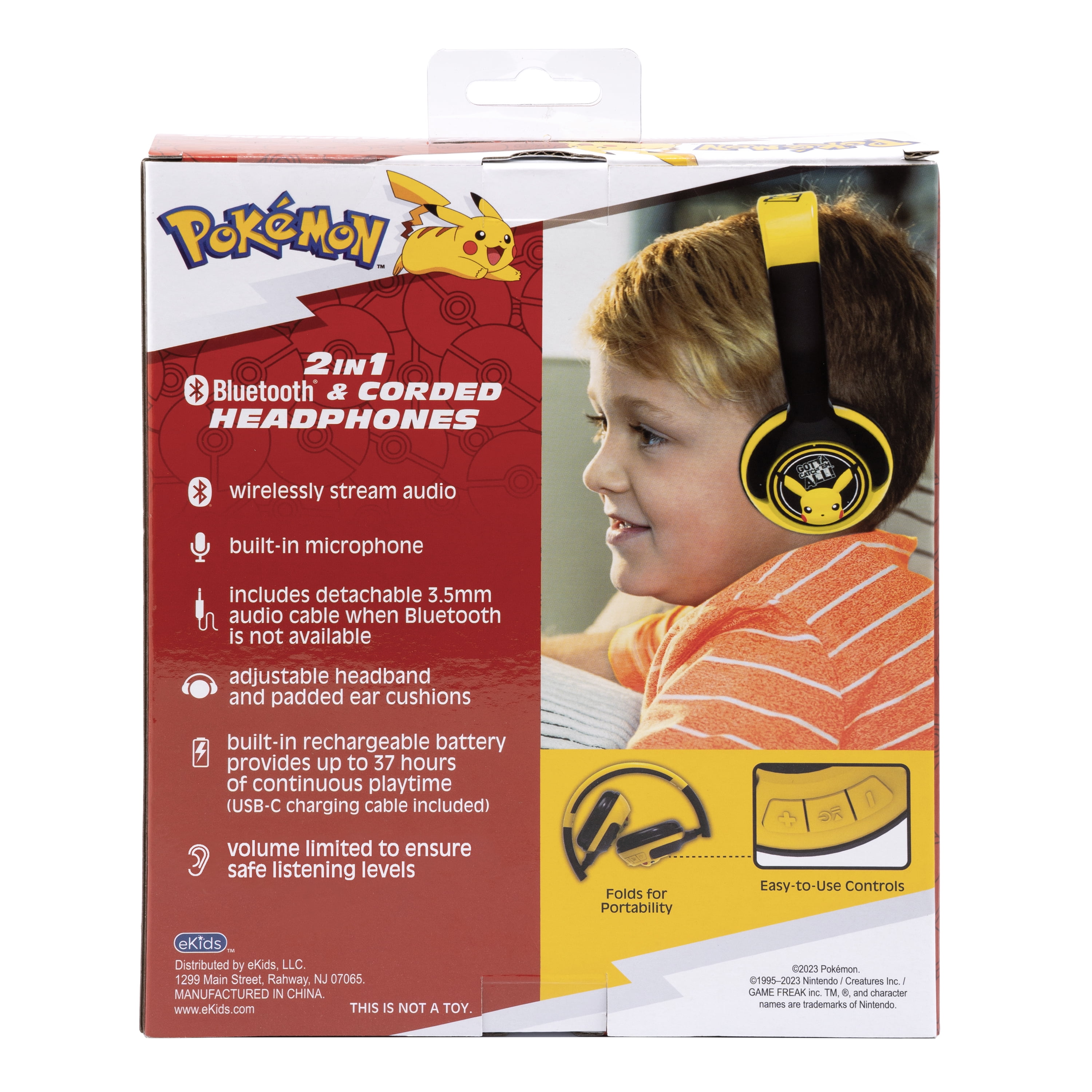 Ekids, Pokémon, Bluetooth Headphones with Cord, Children Ages 6 Years and Up, Over-Ear Headphones