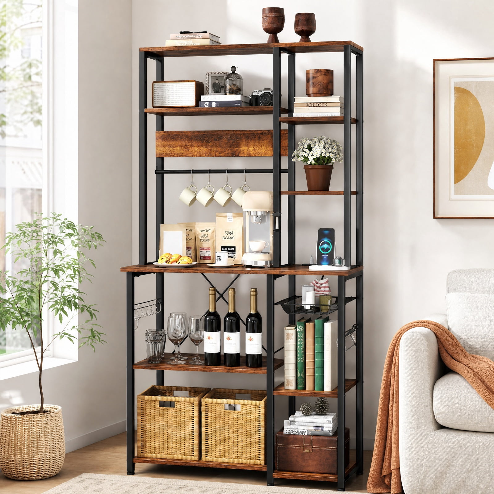 RUIE 6-Tier Baker's Rack with Power Outlet, Kitchen Coffee Bar Storage Stand with Wooden Open Shelves, 12 S-Hooks and Basket, Rustic Brown & Black