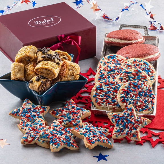 Dulcet Gift Baskets American Red Blue and White Star Sprinkled Cookie and Assorted Flavored