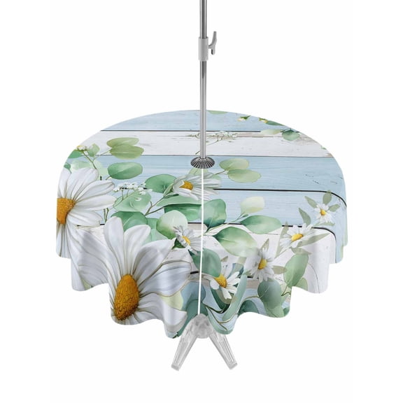 Outdoor Tablecloths with Umbrella Hole & Zipper, Daisy Spring Floral Round Tablecloth 54 Inch, Eucalyptus Leaves Watercolor Wooden Waterproof Table Cloth, Patio/Pool/Picnic Table Covers