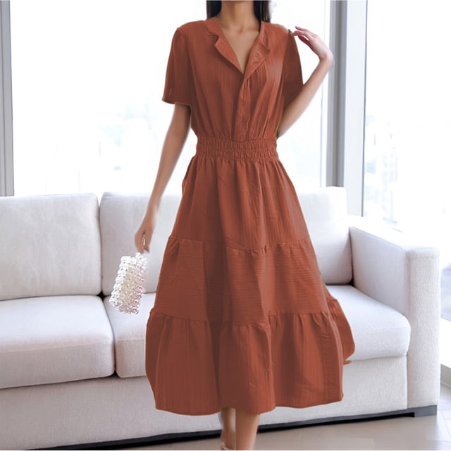 WILLBEST Vestidos Largos Casuales Para Mujer Verano 2025 Vestidos Casuales Midi Maxi Vestidos Ligeros Manga Corta Cuello En V Cintura Elástica Vestido De Playa Bohemio Bolsillos