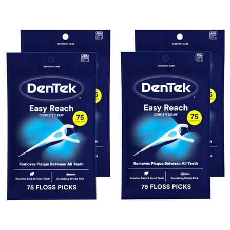 4 Pack - DenTek Complete Clean Easy Reach Floss Picks, No Break & No Shred Floss, 75 Count