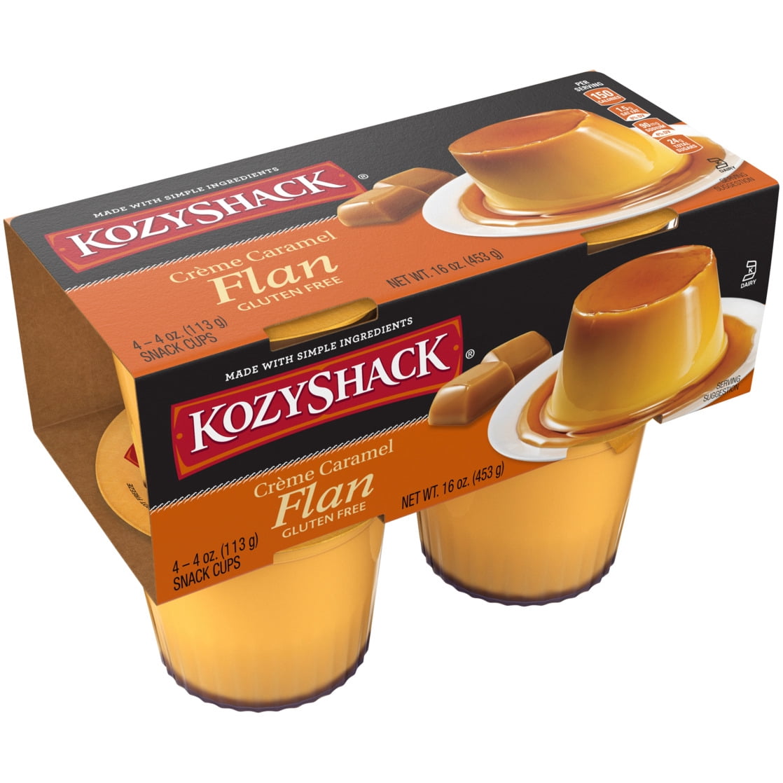 Kozy Shack Creme Caramel Flan Snack Cups, Gluten Free Dessert, 4 oz, 4 Count