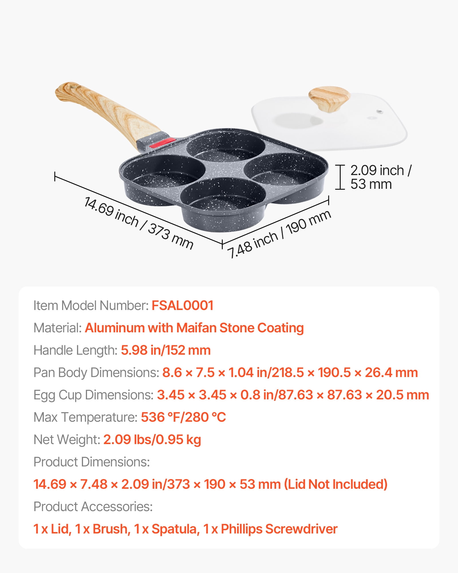 VEVOR Egg Pan, 4-Cup Nonstick Egg Frying Pan, Aluminum Breakfast Omelette Skillet for Pancakes, Hamburgers, Sandwiches, with Lid, Oil Brush, Scraper, Compatible with Gas Stove & Induction Cookware