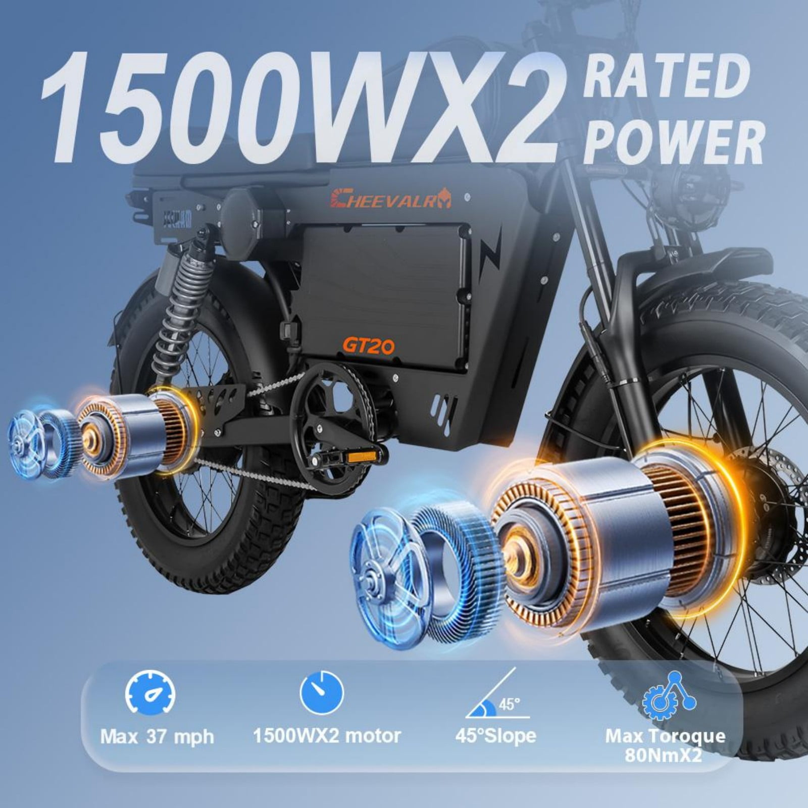 Cheevalry GT20 3000W Electric Dirt Bike, 60V 43AH, 20" x 4.5" Tires, 37MPH Speed, Off-Road Motorcycle