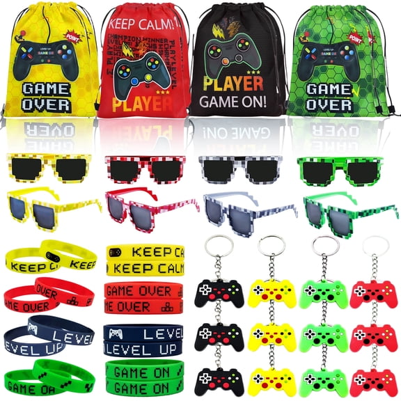 48 Pcs Video Game Party Favors for Kids, Gaming Party Favors - 12 set of Drawstring Bags, Pixel Glasses, Wristbands, Controller Keychains