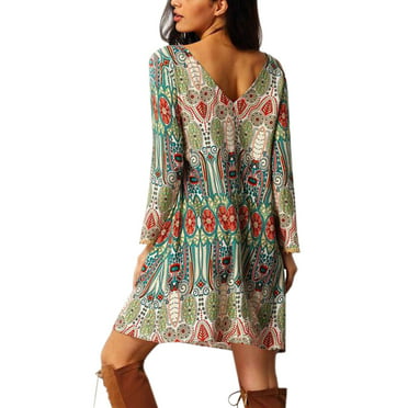 ZXZY Boho Style Women Dress Long Sleeve Beach Summer Dresses Floral ...