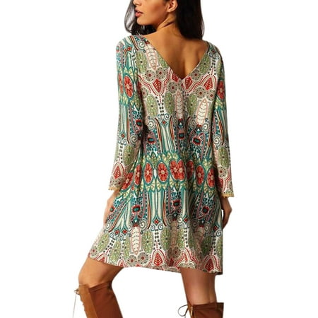 Nlife Women's Vintage Long Sleeve V-Back Ethnic Style Dress