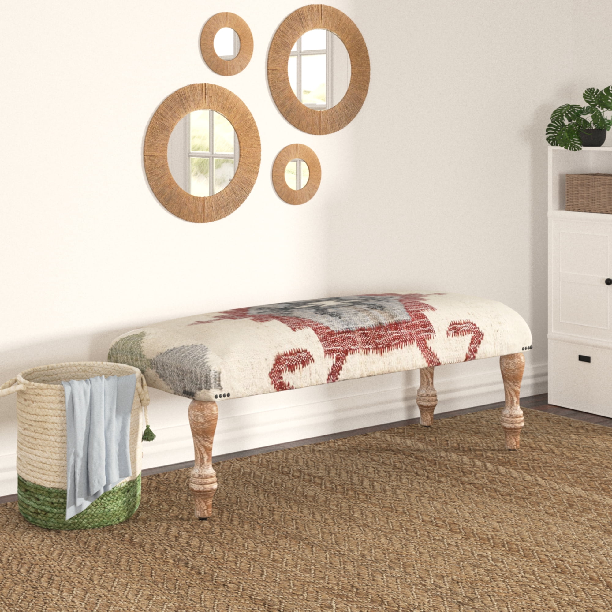 Ox Bay Hadley 47" Upholstered Indoor Accent Bench, Ivory/Red Kilim