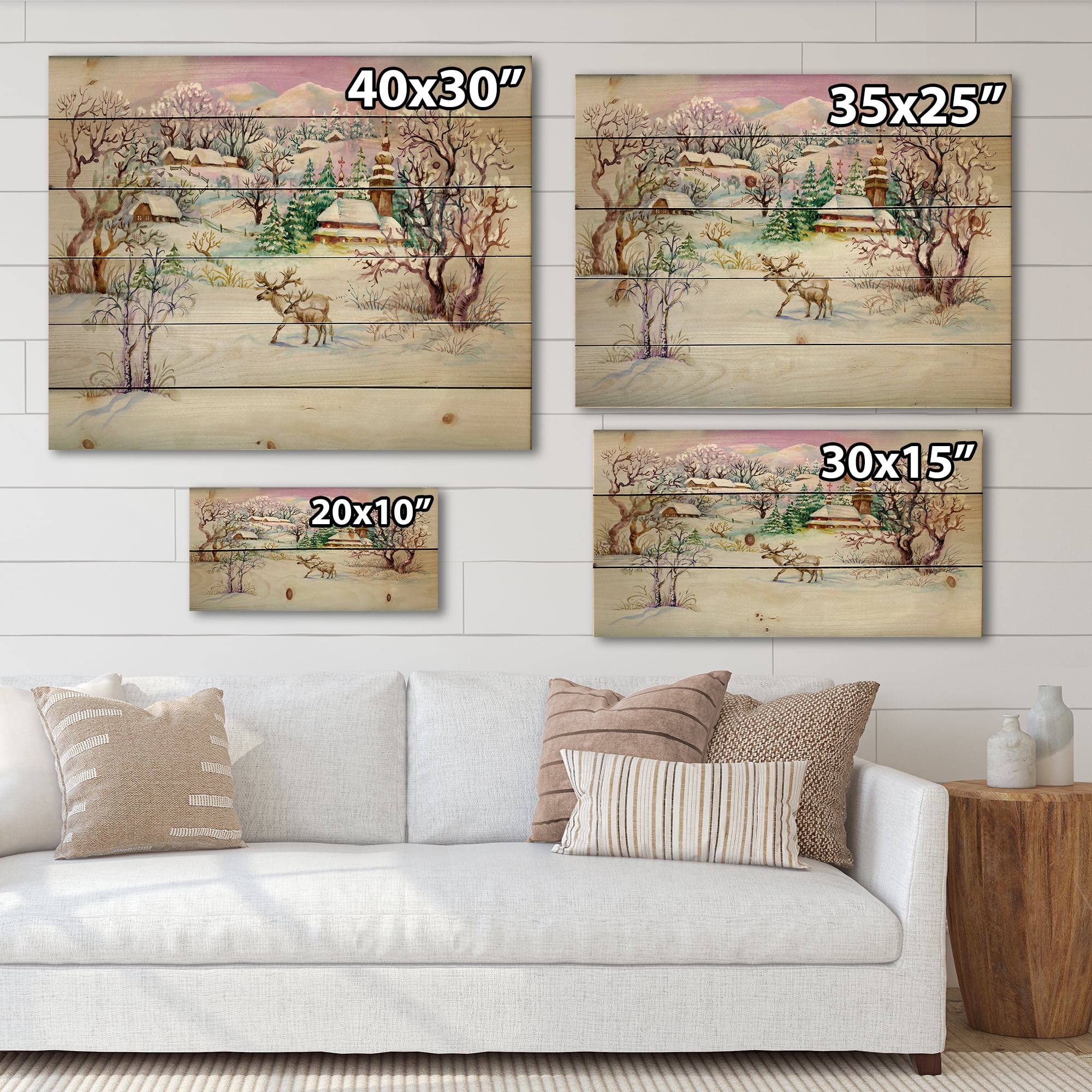 Designart 'Winter VIllage Life Landscape' Traditional Print on Natural Pine Wood