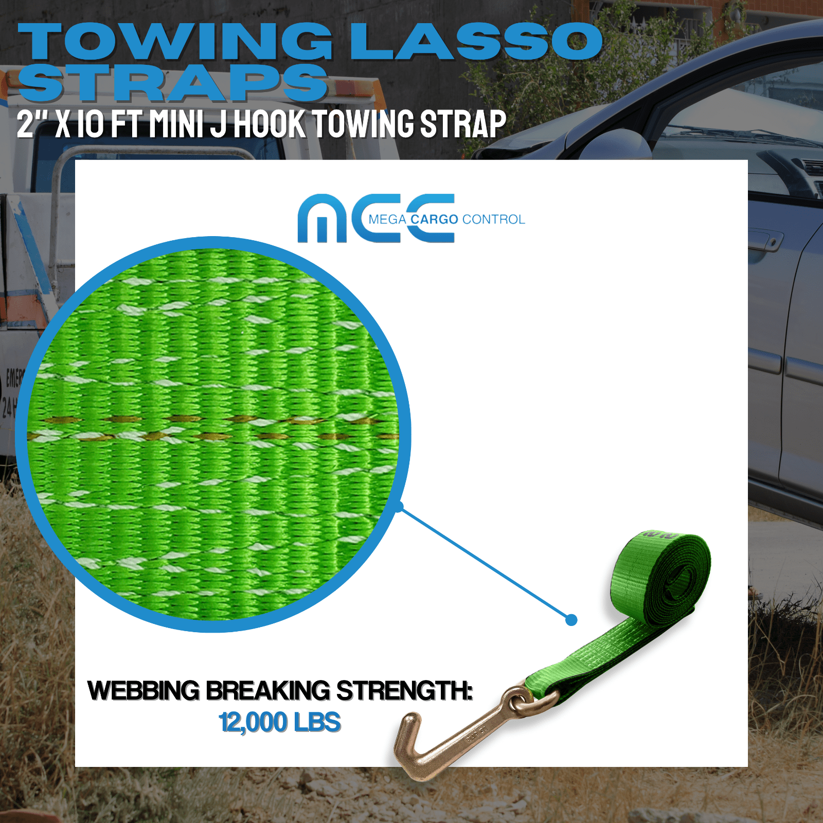 12 Pack Heavy Duty G70 2" x 10' Mini J Hook Towing Strap for Trailer Wrecker