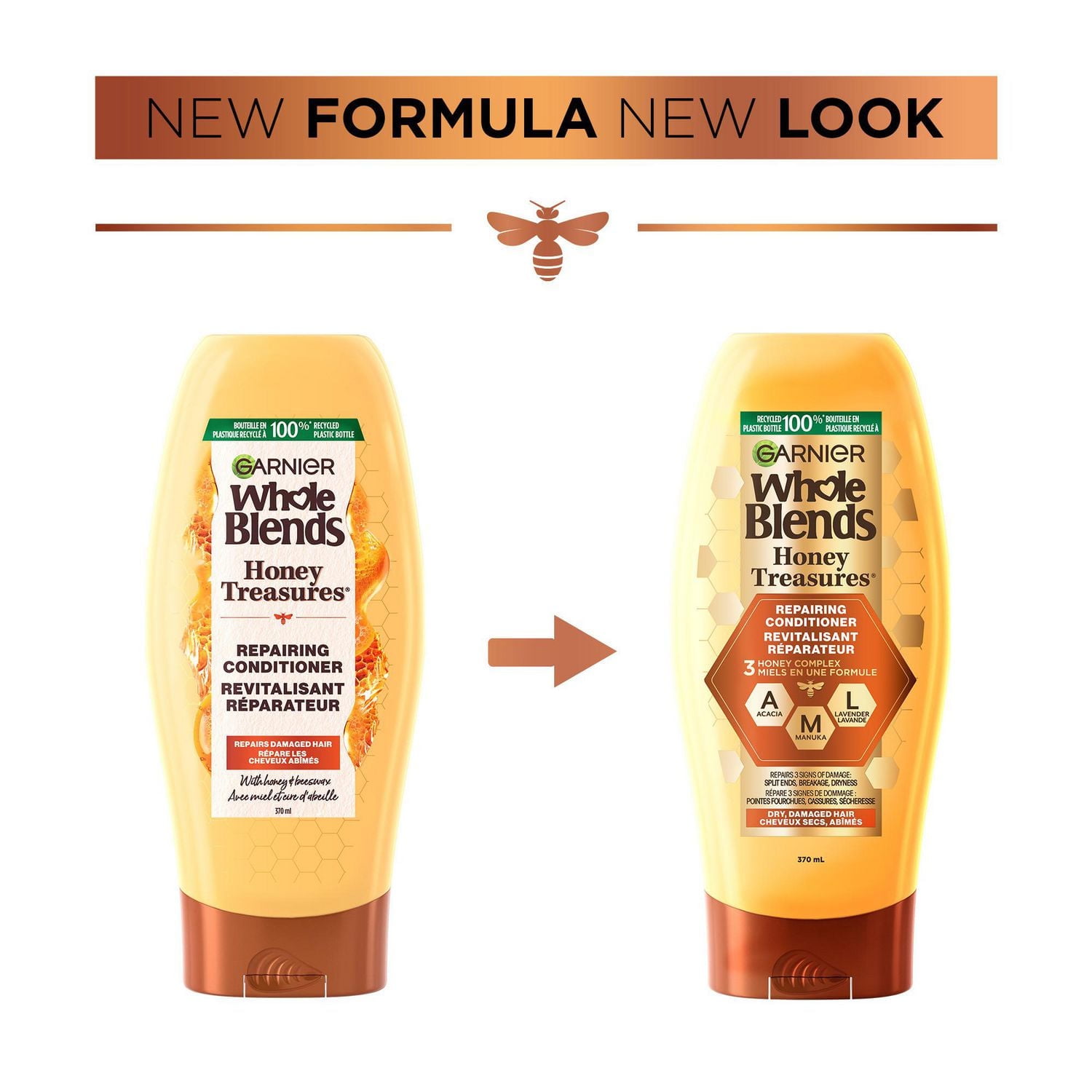 Garnier Whole Blends Honey Treasures Repairing Conditioner for Damaged and Dry Hair, Repairs Split Ends and Breakage, more Moisture, Paraben-Free, 370mL