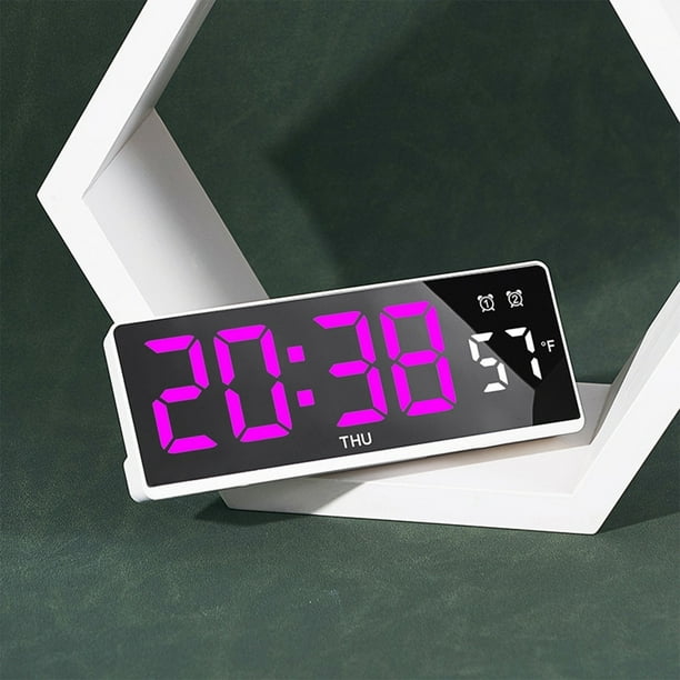 Reloj despertador LED rosa, multifunción, pantalla de temperatura, brillo ajustable