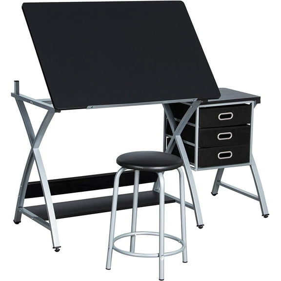 Drafting Tables, Draft Drawing Desk w/Stool and Tiltable Tabletop, 3 Storage Drawers, Reading, Writing Art Crafting Workstation, Black