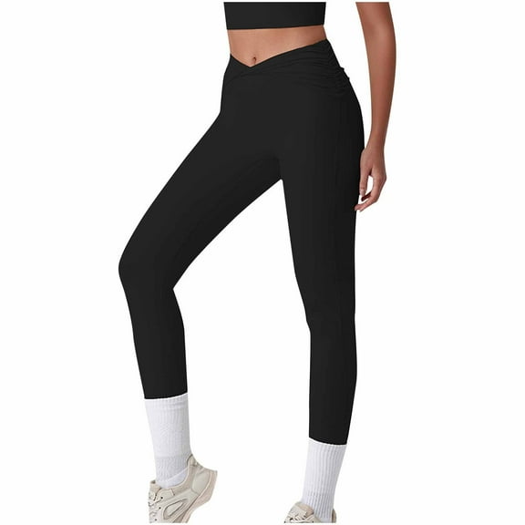 Uaswgudfs Women's High-Waisted Yoga Pants with Side Ruching Detailing - Stretch Fabric for Gym, Athletic Workouts & Enhanced Flexibility Black S