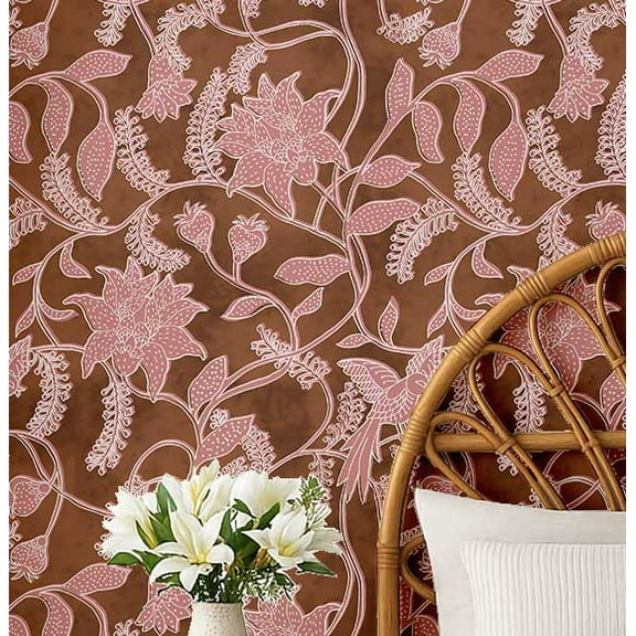S4Sassy Peel And Stick Wall Covering, Lotus Vines Removable Wallwrap - Brown Instant Wall Makeover Mural For Bathroom, Laundry Room, Closet Interior - Self-Adhesive Wallpaper Vinyl -25"X 120"