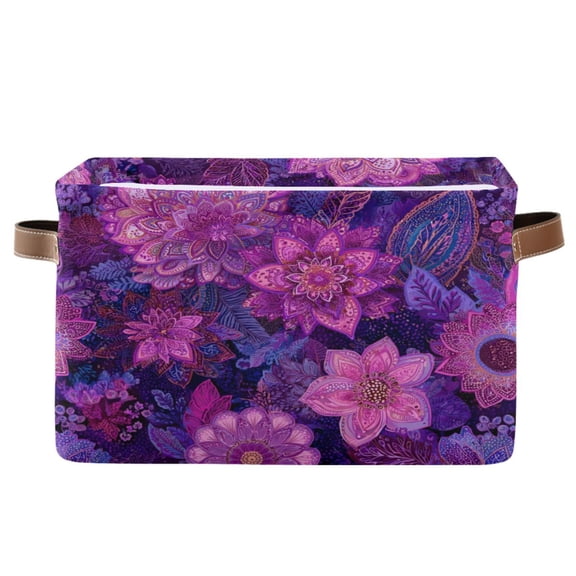 1-Pack Square Closet Organizers with Handles Open Basket Bins Lavender Bohemian Pattern Storage Basket for Home Office