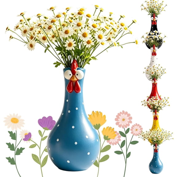Long Neck Chicken Vase, Resin Figurine Tabletop Flower Pot Decor,Handcrafted Colorful Rooster Statue | Fun Flower Vase Plus Small Florals | Whimsical Shelves Tables and Farmhouse Home Décor