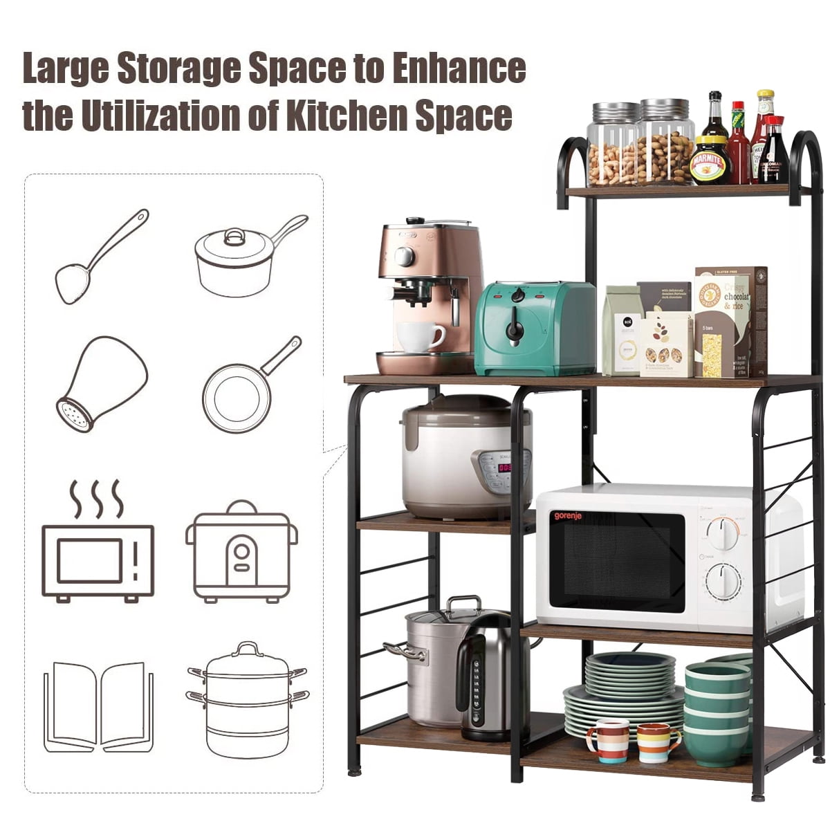 Dinaza Kitchen Bakers Rack Microwave Stand with storage Coffee Bar with Wire Basket Kitchen Organizer Shelf for Spices Utensils Foods Rustic Brown