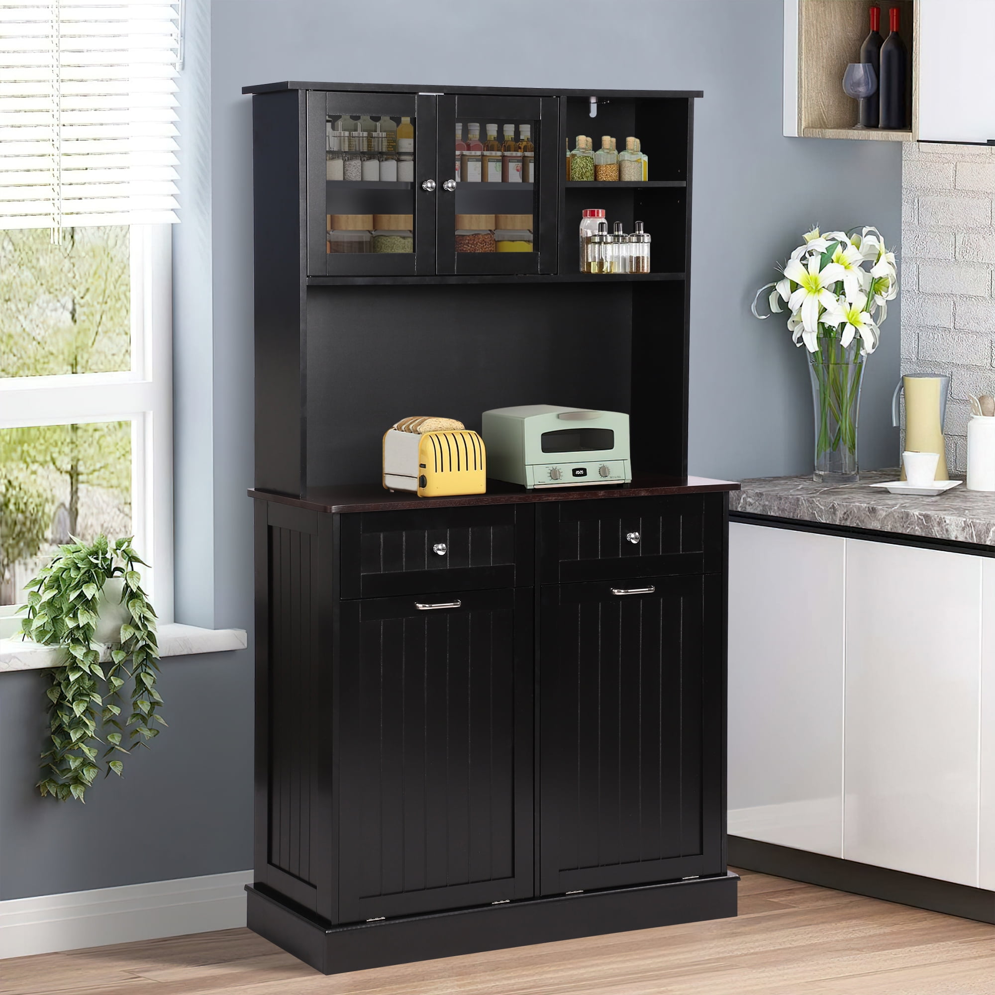 KIGOTY Kitchen Trash Cabinet, Double Tilt Out Trash Can Cabinet with Countertop and Drawer, Free-Standing Pet Proof Recycling Cabinet Garbage Can Holder (67"H,Black)