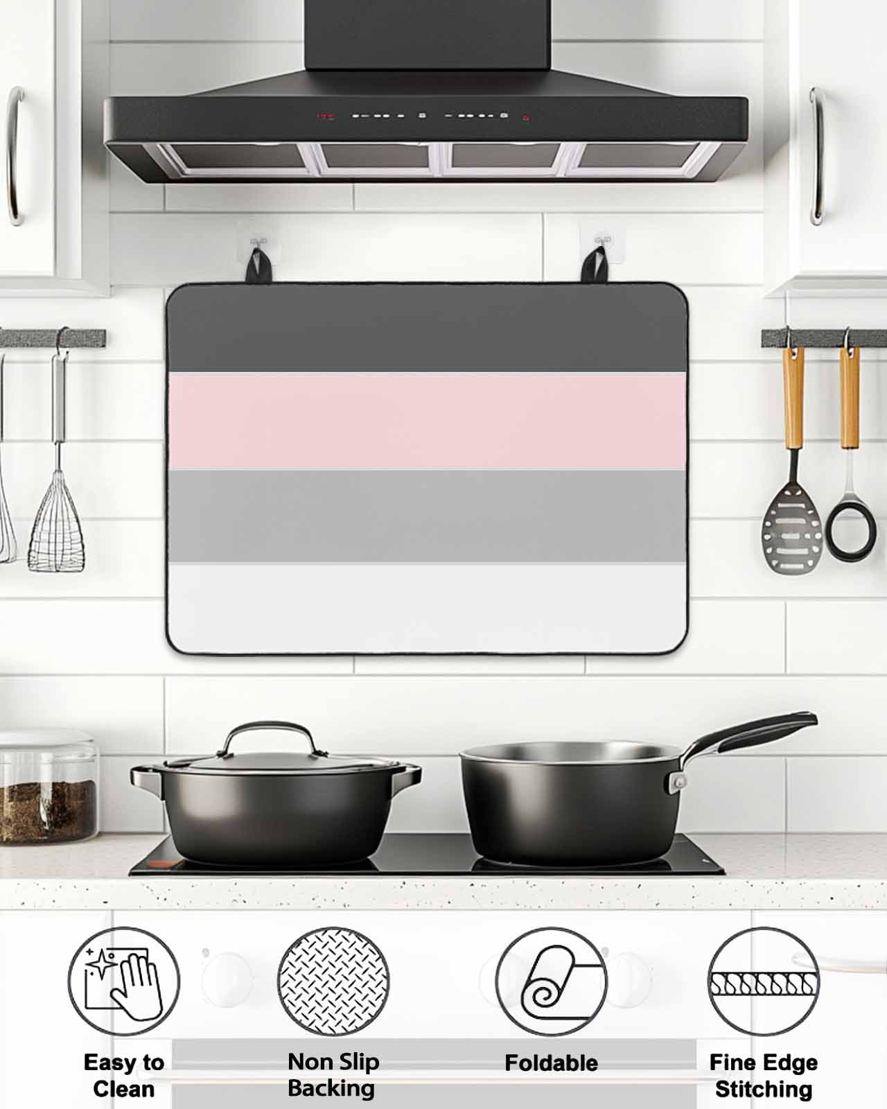 Stove Top Covers for Electric Stove, Pink Grey Striped Glass Stovetop Cover Protector, Farmhouse Modern Induction Cooktop Protector Oven Mat for Kitchen Countertop 31"x24"