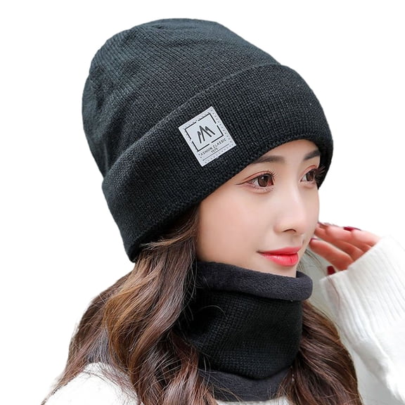 vnanda Knit Hat Scarf Set Women Winter Hat Scarf Set Knitted Thickened Solid Color Warm Windproof Elastic Anti-slip Plush Cycling Neck Wrap Beanie Set Lady
