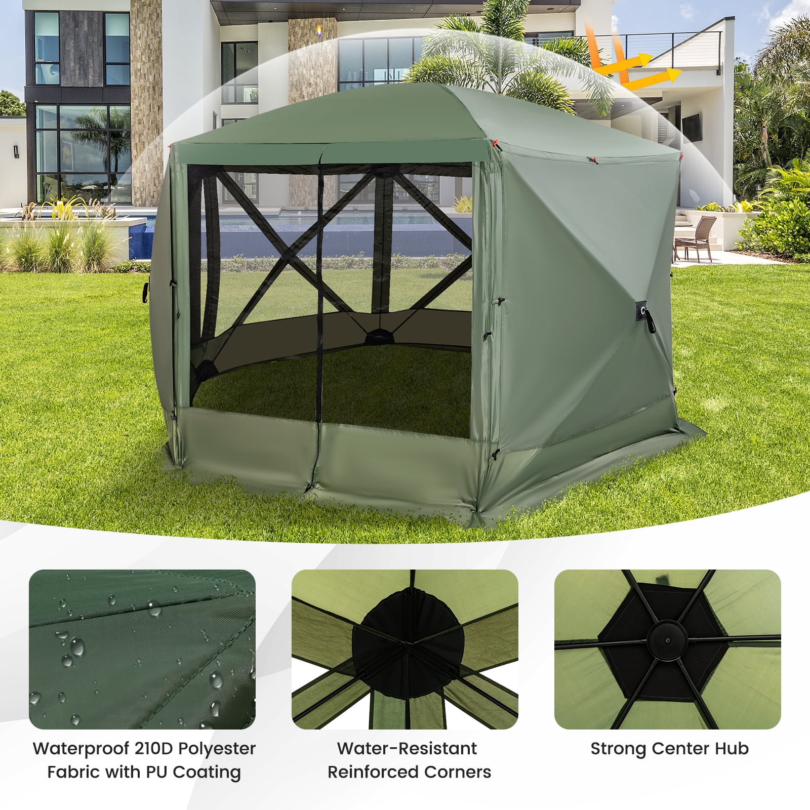 Costway 11.5 X 11.5 FT 6-Sided Pop-up Screen House Tent With 2 Wind Panels for Camping Green