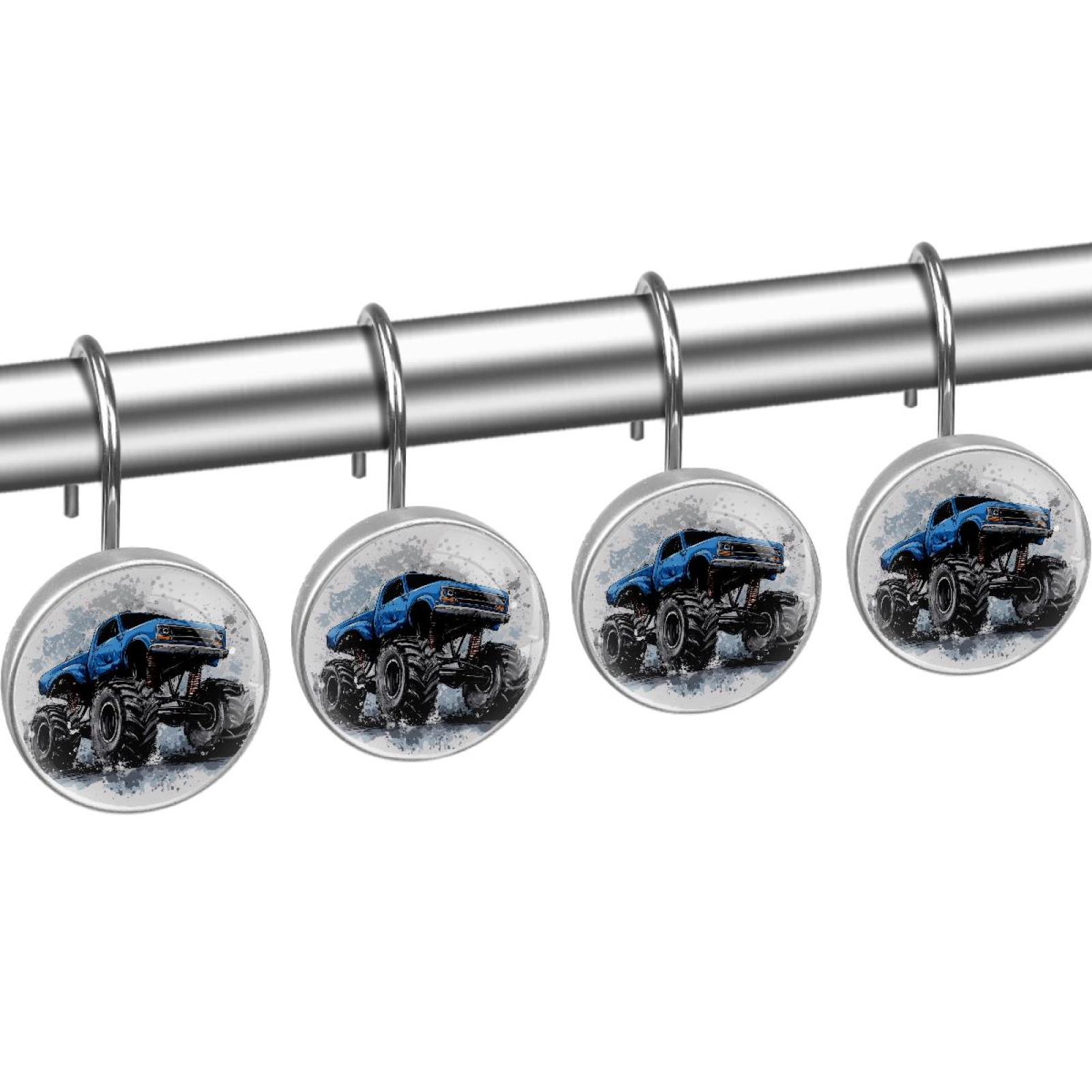 Blue Monster Car Shower Curtain Hooks Round Crystal Glass, Set of 12 Shower Curtain Rings - Shower Hooks for Curtain Shower Rings
