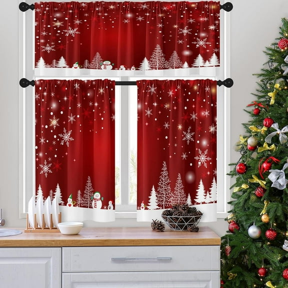 Merry Christmas Kitchen Curtains Snowflake Red Xmas Snowman Frost Window Curtains Valance and Tier Set 36 Inch Rod Pocket Short Tier Curtain for Room Kitchen Decor