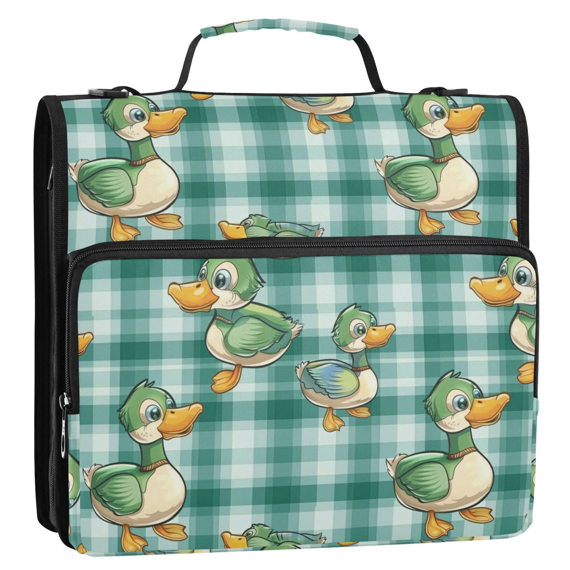 3 Ring Zipper Binder with Shoulder Strap Waterproof Trapper Keeper 2 Inch D-Ring 500 Sheets Capacity Cute Ducks on Plaid