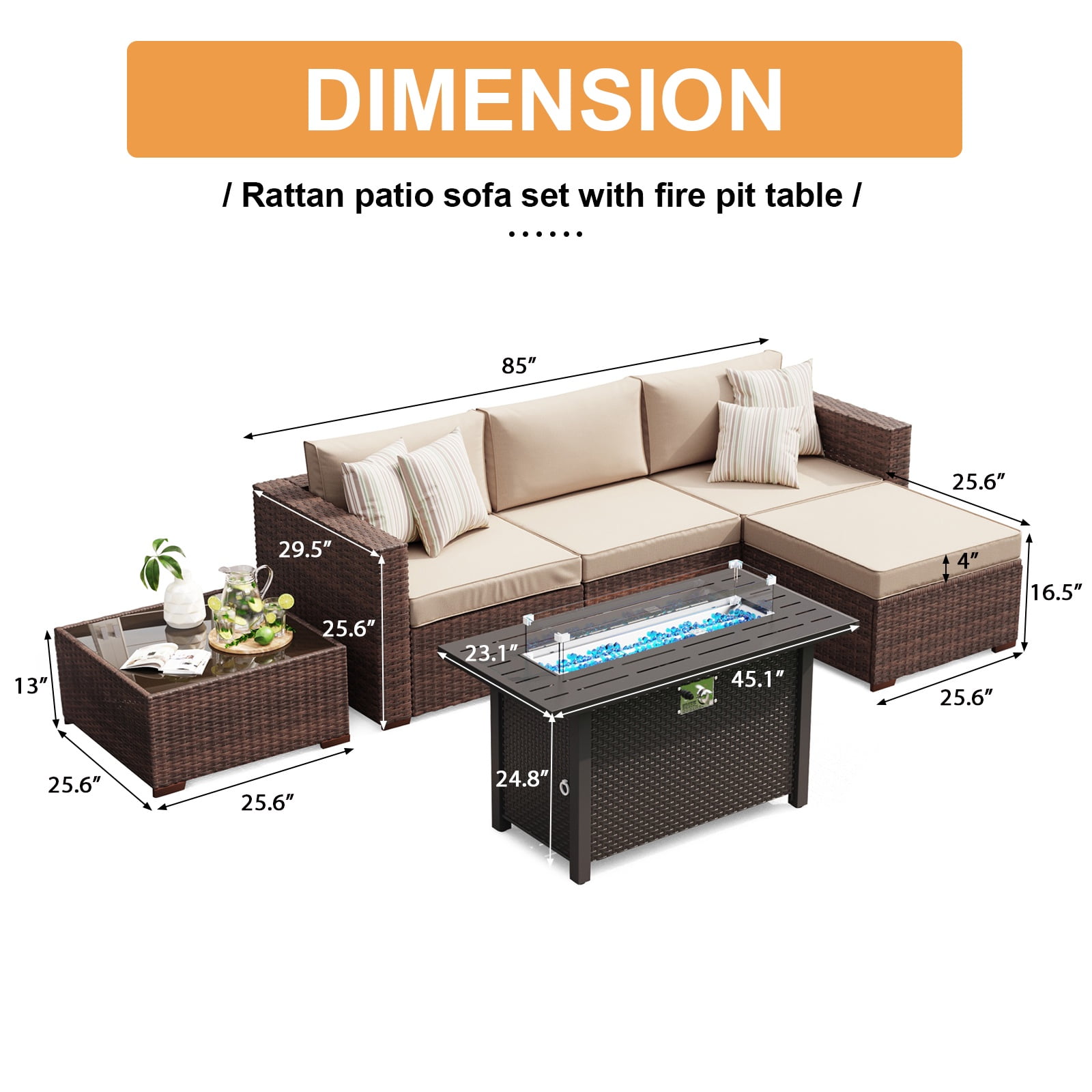 JOIVI 6 Pieces Patio Furniture Set with 45” Gas Fire Pit Table, Wicker Outdoor Rattan Sectional Sofa Furniture Conversation Set with 50,000 BTU Patio Propane Fire Pit and Coffee Table, Brown